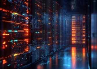 Fototapeta premium Futuristic server room corridor with glowing blue and orange server racks, holographic circuit projections and reflective floor conveying a sleek intense high-tech atmosphere
