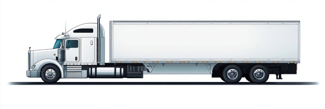Side profile of a white semi truck with sleeper cab, chrome exhaust stacks and long box trailer on a plain background conveying reliability and professional transport