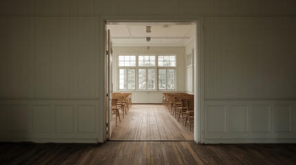 Fototapeta premium Wooden school building, classroom, school, school building, wooden chairs, desks, Jupiter 