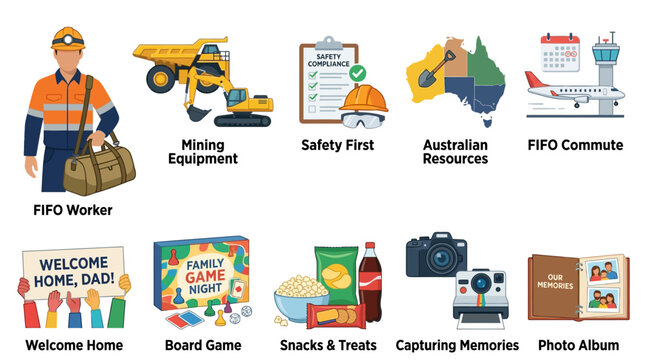 Industrial lifestyle infographic icons depicting work rotations and family time in this dynamic animation video clip.