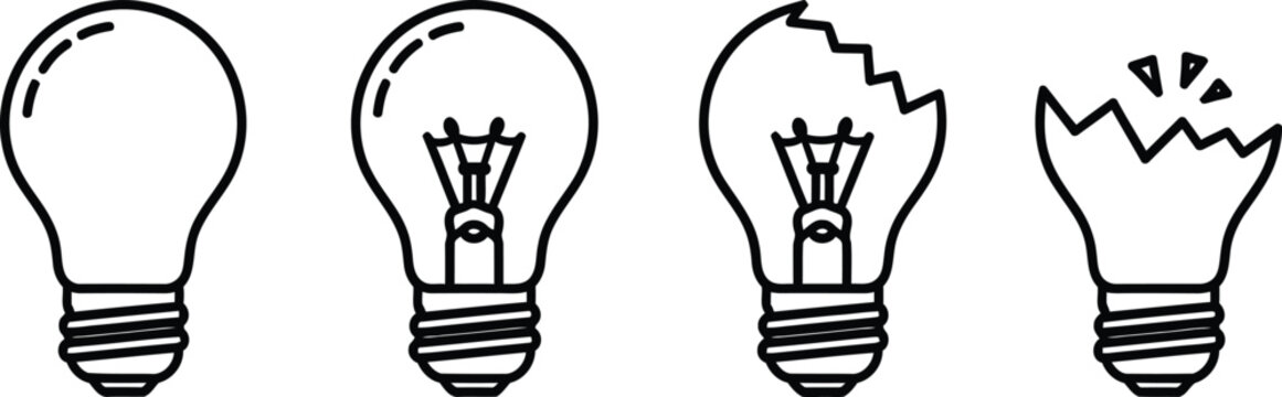 Light bulb progression from new to broken a visual sequence