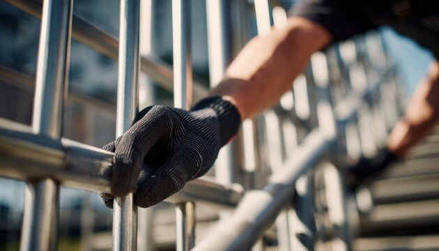 Worker installing metal railing on outdoor staircase with protective gloves