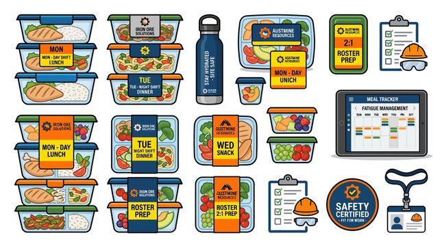 Industrial worker meal preparation containers and tracking apps displayed in this animated motion graphics design video