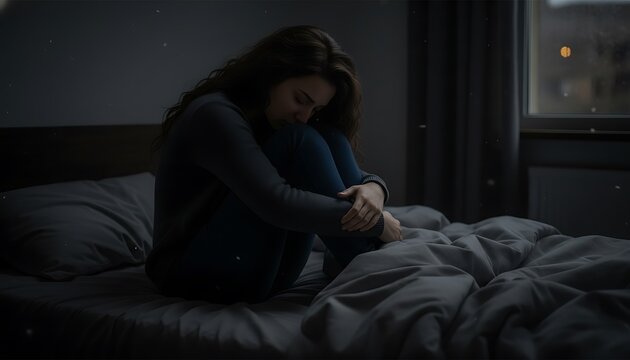 Woman curled up on bed in dark room, feeling sad and alone at night, depression, sadness