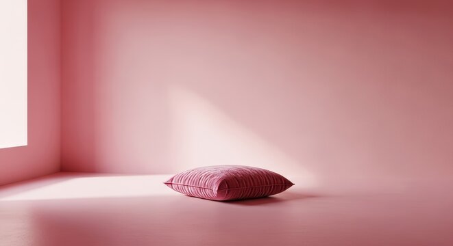 A serene minimalist room featuring soft pastel pink walls, a plush velvet cushion on a smooth floor, and gentle morning light, cushion, atmosphere, abstract