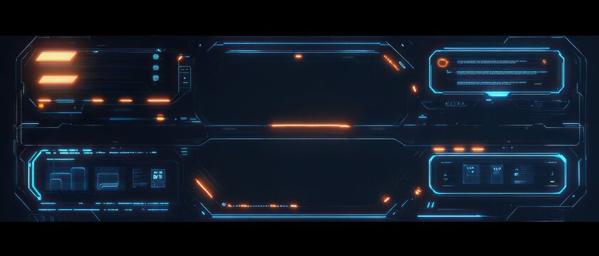 futuristic holographic control panel with central dark display, glowing blue and orange interface bars, side info modules and smaller data panels, sleek tense sci-fi hud