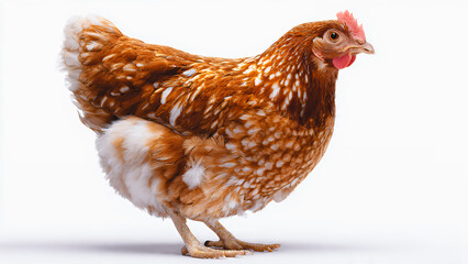 The brown Speckled Sussex chicken is one of the most popular backyard chicken breeds due to its calm, productive nature, and ease of care. Isolated white.