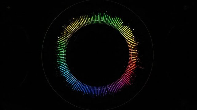 Circular audio visualizer with rainbow spectrum on a dark background