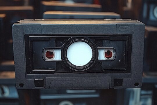 close-up of a black video cassette tape front with white spool window and stacked tapes behind, evoking a nostalgic vintage mood