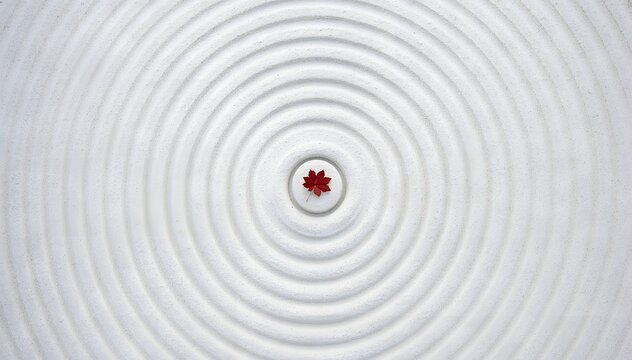 Zen Garden Circle: A serene, circular pattern on a bed of sand or similar material, centered by a striking red leaf. The image evokes a sense of balance and tranquility.