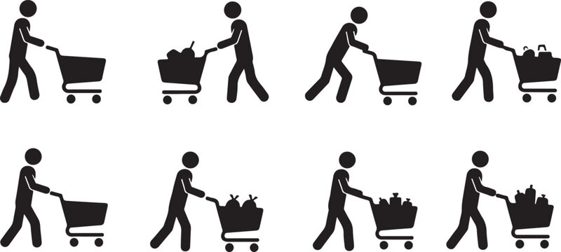 People pushing shopping carts with various items in different positions