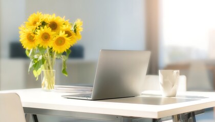 Fototapeta premium Modern workspace with laptop, coffee cup, and a vase of bright sunflowers on a white desk