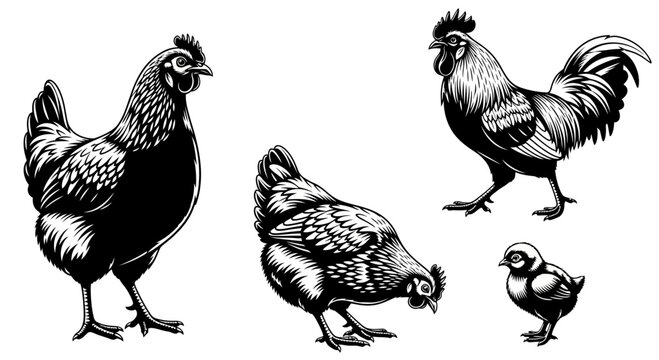 An illustration depicts a rooster, hen, and two chicks standing on ground.