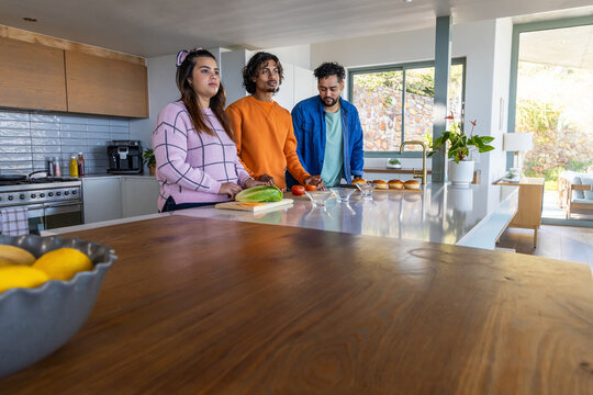 Diverse friends preparing burgers on kitchen island with lettuce, tomato, buns and bowls