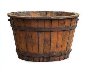 Fototapeta premium rustic wooden tub with metal hoops and side handles, empty circular barrel planter of weathered wood with rivets on white background, warm nostalgic mood