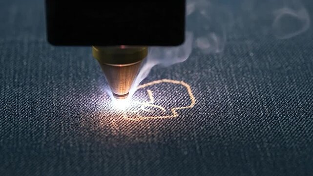Laser engraving machine creating a design on fabric material with smoke and sparks