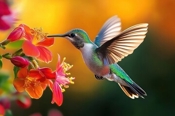 Fototapeta premium iridescent green hummingbird hovering to sip nectar from vibrant red-orange blossoms against a warm golden bokeh background, a delicate serene moment