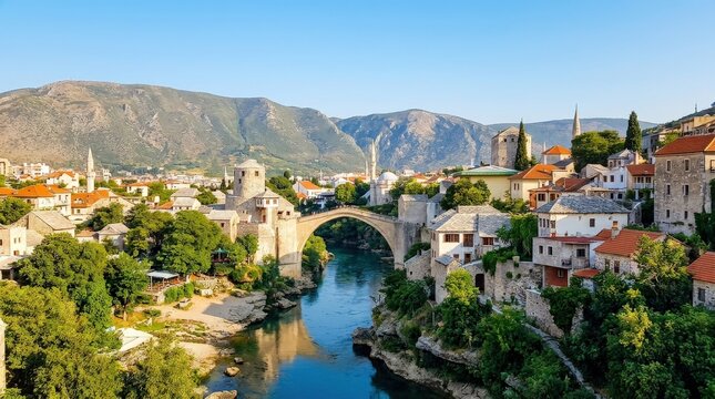 Historic Old Bridge and Ottoman Architecture in Mostar Bosnia Herzegovina.