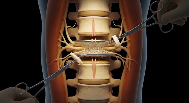 Spinal cord decompression surgery, medical 3D illustration of lumbar spine procedure with surgical instruments and nerve compression concept