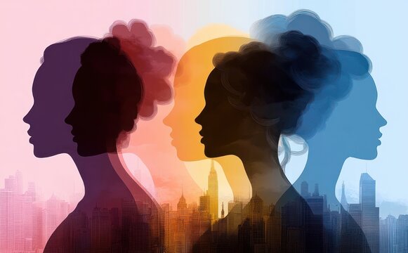 Overlapping colorful female profiles with urban skyline at sunset, evoking introspection and hopeful connection