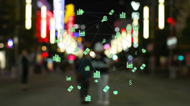 Green data web growing over blurred shoppers, triggered by walking to show commerce links