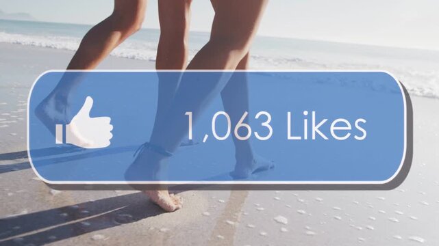 Couple walking shoreline, like-counter overlay updating with each step, showing likes for marketers