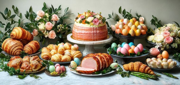 Spring celebration table with glazed sliced ham, floral-topped bundt cake, pastel Easter eggs, assorted croissants and pastries, bouquets and fresh greens, joyful elegant mood