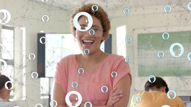 Teacher stepping center and crossing arms, starting network nodes over class while explaining graph
