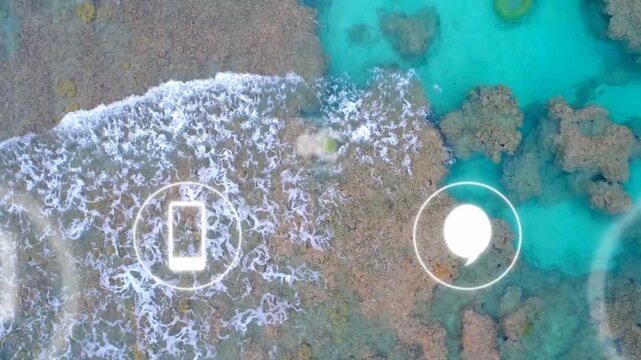 Fading UI icons initiating overlay on reef, waves moving rightward, visualizing coastal data flow