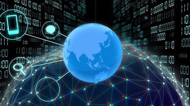 On binary pulse blue globe filling, grid forming, icons orbiting and linking to show networks
