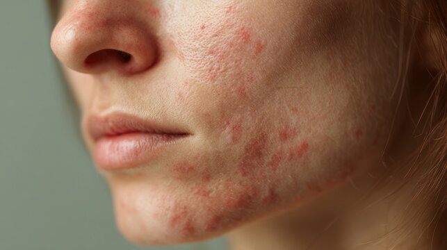 acne on woman face with rash skin, scar, and red skin syndrome allergic to cosmetics, use steroids, dermatology, inflammation, infection, hygiene