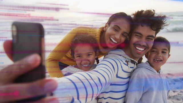 Man raising phone, family posing on beach, glitch bands growing, saving social media memory