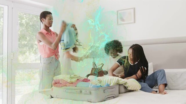 Four women checking phone, packing suitcase, folding for trip with turquoise swirl overlaying hands
