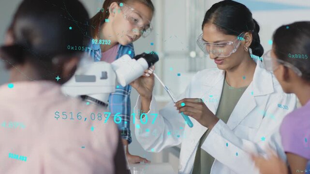 Teacher picking pipette starting science demo guiding class as teal data overlaying tube and scope