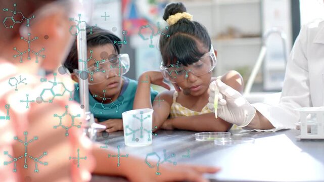 Teacher using pipette in science class girl leaning, reacting, chem graphics over dish to teach