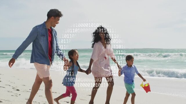 Family walking sand, camera tracking causing binary overlay while son swinging red bucket for tech