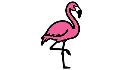 Fototapeta premium A vibrant pink flamingo illustration stands gracefully on one leg with a black outline