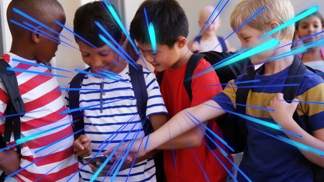 Phone raised, boys clustering for school, tapping to view content while blue streaks sweeping phone