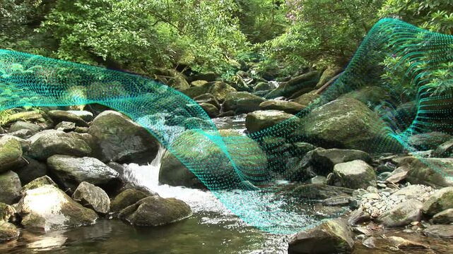 Translucent turquoise mesh ribbon appearing left moving right undulating emphasizing stream channel