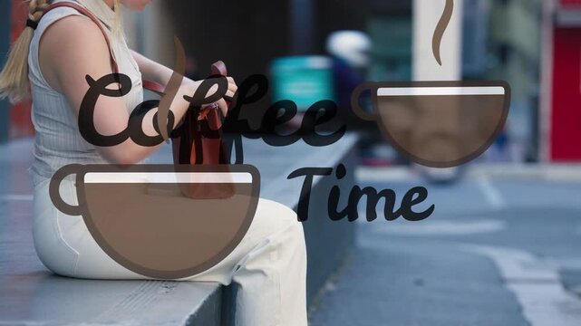 Seated woman responding to Coffee Time overlay, reaching into bag and tapping phone to order coffee