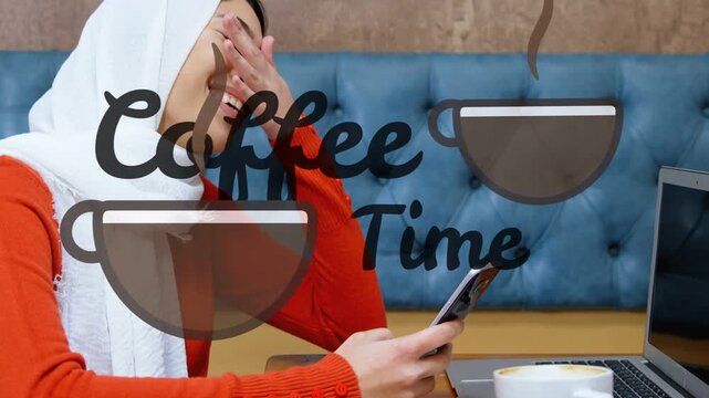 Woman using phone and checking work messages, smiling, laughing, Coffee Time decal overlaying scene