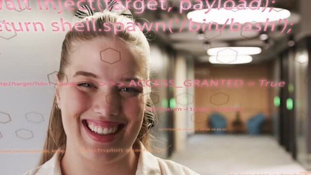 Woman opening eyes smiling in corridor as pink tech overlay expanding and showing ACCESS_GRANTED