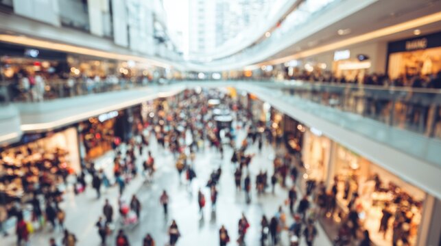 Abstract blurred photo of many people shopping inside department store or modern  shopping mall. Urban lifestyle and black Friday shopping, motion, speed, blurred, group, city, modern