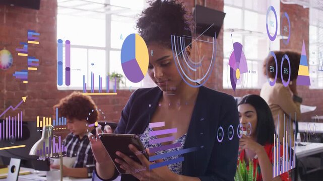 Woman using tablet and tapping, animating charts by gestures and editing business report for review
