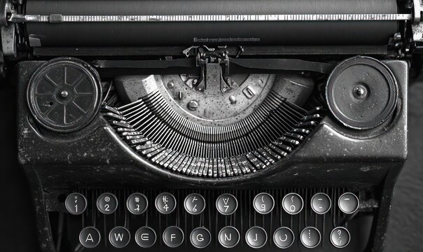close-up of a vintage mechanical typewriter with round keys, exposed typebars, platen roller and worn metal details conveying a nostalgic, timeless mood