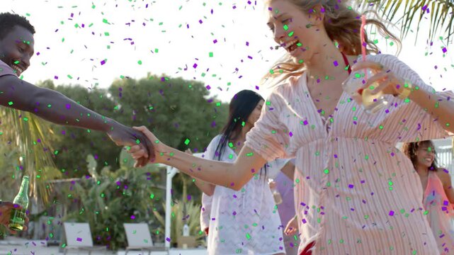 Man extending arm, taking hand, leading woman twirling drink in hand, confetti celebrating event