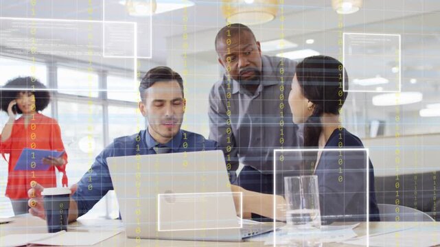 Business team reviewing project at laptop, woman tapping trackpad and activating gridlines
