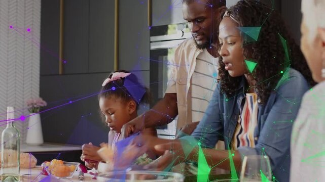 Parents guiding daughter preparing bowls in kitchen for meal, father reaching, overlays animating
