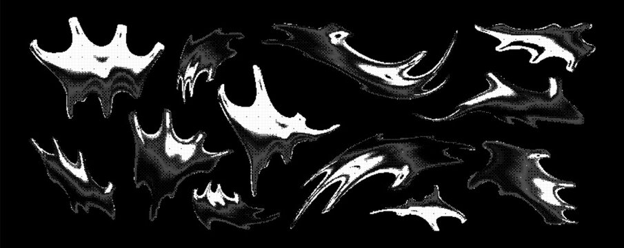Collection of abstract vector shapes with halftone dither texture and fluid liquid chrome forms on black background for modern y2k acid graphics and edgy streetwear design projects