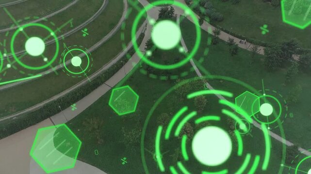HUD overlay activating, placing central target, pulsing rings rotating, nodes sweeping to map park
